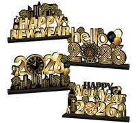 4 piezas de decoraciones de Near Years 2026, centros de mesa de madera Hello 2026, decoración de mesa de fiesta de Año Nuevo, negro y dorado, mesa de madera para oficina en casa