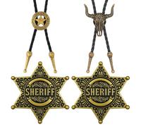 4 piezas de vaquero, camisa vaquera para hombre, corbata bolo, corbata de cuero, cráneo de vaca vaquero, corbata de vaquero occidental y estrella del sheriff, collar Lariat de cuero negro Rodeo