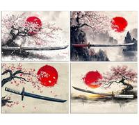 4 Piezas Diamond Painting Kit para Adultos, 5D Sakura samuráis Pintura de Diamante, Pintura Digital de Diamantes, Kit de Cuadros para Niños y Adultos Decor del Hogar, Regalos Femeninos 30x40cm p-1079