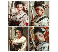 4 Piezas Diamond Painting Kit para Adultos, 5D Samuráis Geisha Pintura de Diamante, Pintura Digital de Diamantes, Kit de Cuadros para Niños y Adultos Decor del Hogar, Regalos Femeninos 80x110cm p-1066