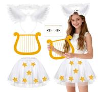 4 Piezas Disfraz Angel Mujer, Diadema Angel Alas Tatuajes Temporales Falda Tutu Blanco Arpa de Plástico, Disfraces Estrella Disfraz Navidad Mujer para Halloween Navidad Carnaval Cosplay Fiesta