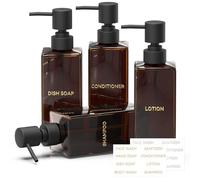 4 Piezas Dispensador de Jabón Baño Marrón, 350 ml Dosificador Jabon Cocina Dispensador de Líquido Lavavajillas, 12 OZ Dosificador de Jabón de Mano con Bomba de Plástico Etiquetas Impermeables