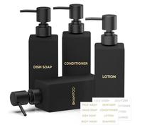 4 Piezas Dispensador de Jabón Baño Negro, 350 ml Dosificador Jabon Cocina 12 OZ Dispensador de Líquido Lavavajillas con Bomba de Plástico Etiquetas Impermeables