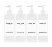 4 Piezas Dispensador Jabon Baño Blanco 500ml Dosificador Jabon Baño Plastico Dispensador Gel y Champu Ducha Rellenables para Líquido/Jabón/Champú/Loción/Gel de Ducha, con Embudo, Pegatina