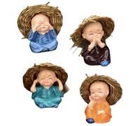 4 piezas Estatua de Buda Baby, resina de 2x2.4 pulgadas Mini Brasil Madera de la suerte con sombrero de paja, linda decoración de Buddha de monje para plantas en macetas, tablero de tablero de au