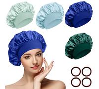 4 Piezas Gorro Saten Pelo Rizado, Ajustable Gorra Noche para Dormir Pelo con 4 Piezas Gomas de Pelo, Reutilizable Gorros de Satén para Pelo Rizado con Banda Ancha Elástica para Mujeres y Niñas