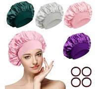 4 Piezas Gorro Saten Pelo Rizado, Ajustable Gorra Noche para Dormir Pelo con 4 Piezas Gomas de Pelo, Reutilizable Gorros de Satén para Pelo Rizado con Banda Ancha Elástica para Mujeres y Niñas