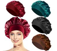4 Piezas Gorro Saten Pelo Rizado, Gorro de Saten para Dormir Pelo Rizado, Silk Bonnet para Mujeres(Negro,Cian,Café,Rojo)