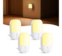 [4 Piezas] Luz Nocturna con Sensor Crepuscular, 5 Niveles de Brillo, ON/OFF/AUTO Modos, 3000K Blanca Cálida, 0,3W, Luz Nocturna Infantil para Dormitorios, Salas de Estar, Pasillos, Cocinas, Garajes