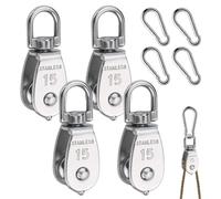 4 Piezas M15 Poleas de Acero Inoxidable,y 4 Piezas Mosquetones M4,Poleas para Cuerdas Pequeñas,Poleas para Cuerdas Pequeñas,Poleas Tendedero Giratoria 360°,Carga 35kg