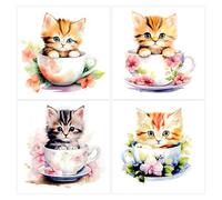 4 Piezas Pegatinas Pared Gato Autoadhesivas, 3D Gato Taza de Té Vinilos Decorativos, Retirable Vinilo Pared Infantil Gato Flor, Impermeable Vinilo Adhesivo Pared Infantil Gato, para Baño