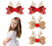 4 Piezas Pinzas para el Cabello de Navidad Pinzas para el Pelo para Niños Navideñas de Asta con Purpurina Pinzas para el Pelo Pajarita de Navidad Cabello Accesorios para Niñas Mujeres