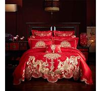4 Piezas Red Luxury Satin Jacquard Juegos Ropa dragón Dorado Bordado Camino Doble Rey King Drúdónos Tapa de Cama Bedspread Set Pillowc-A_King Size (un tamaño Queen 9pcs)
