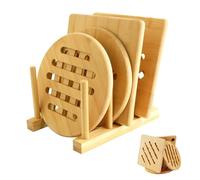4 Piezas Salvamanteles Cocina Bambú Natural, Almohadillas Madera Calor Resistentes con 1 Estante Almacenamiento, Protector Sartenes Redondo Antideslizantes para Olla, Cuenco, Platos, Tetera, Taza