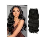 4 piezas/set de extensiones de cabello sintético ondulado largo con clip de 22 pulgadas de grosor for mujeres, cabello falso natural castaño, rubio y negro Easy Installation and Removal(Off Black)