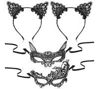 4 Piezas Set Máscara de Gato de Encaje y Diadema de Orejas de Gato de Encaje Máscara de Ojos de Halloween Máscara para Fiesta de Baile Disfraces Carnaval Mascarada (2 Diademas, 2 Máscaras)