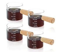 4 Piezas Tazas Medidoras de Vidrio Expreso con Mango de Madera, Taza de Espresso de Doble Pico con Doble Graduación, Vaso de Chupito de Espresso Taza de Café de Vidrio Expreso para Café, Leche