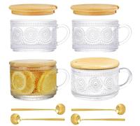 4 Piezas Tazas Vidrio Transparentes con Tapa y Cuchara, 450ml Tazas Desayuno para Gachas, Cereales, Leche, Tazas Set para Cumpleaños y Día Navidad, Tazas Café Vintage Relieve con Asa Latte Macchiato