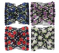 4 pinzas elásticas para el pelo con peine doble y diseño de rosa con cuentas, accesorios florales elásticos para el pelo para moños, coletas y recogidos. Elásticas, dobles, pinzas.