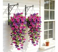 4 plantas artificiales colgantes artificiales, 76 cm, flores artificiales colgantes de petunia, flores de plástico para colgantes, terrazas, bodas, jardines y decoración de balcón (rosa rojo + morado)