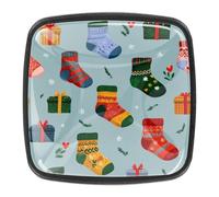 4 pomos de cajón bonitos calcetines de Navidad con patrón navideño de 30 mm, base negra, pomos de tocador para armario, puerta, armario, cocina, dormitorio, armario