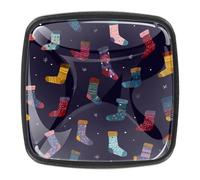 4 pomos de cajón pequeños y coloridos calcetines de Navidad con patrones navideños de 30 mm, base negra, pomos de tocador para armario, puerta, armario, cocina, dormitorio, armario