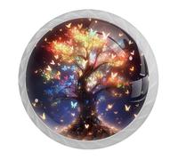 4 pomos y manijas de armario de árbol de mariposas coloridas - Tirador redondo blanco de 35 mm para herrajes de muebles de armario - Dos tamaños de tornillos incluidos