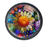 4 pomos y manijas de armario de flores coloridas, mango redondo negro de 35 mm para herrajes de muebles de armario, dos tamaños de tornillos incluidos