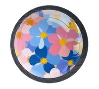 4 pomos y manijas de armario de flores coloridas - Tirador redondo negro de 35 mm para herrajes de muebles de armario - Dos tamaños de tornillos incluidos