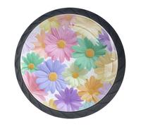 4 pomos y manijas de armario de margaritas coloridas, mango redondo negro de 35 mm para herrajes de muebles de armario, dos tamaños de tornillos incluidos