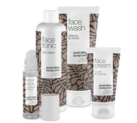 4 productos faciales de Australian Bodycare: para piel grasa con espinillas, granos y acné. Con aceite de árbol del té de calidad farmacéutica y 100% puro: jabón, tónico, crema y stick