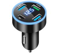 4 Puertos Cargador Movil Coche, 50W QC3.0 & PD Cargador Mechero Coche USB Carga Rapida Cargador USB Coche con Voltímetro LED para iPhone, Android, Samsung