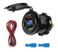 4 Puertos Toma USB de 12V Cargador de Coche, Impermeable Rápido para Motos | 66W Doble PD3.0 y QC3.1 Enchufe Impermeable Mechero, con Led Voltímetro, Barcos Autocaravanas Camiones, Múltiples Puertos