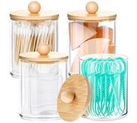 4 recipientes para bastoncillos de algodón acrílico, recipiente Qtip, caja para almohadillas de algodón, almacenamiento con tapas de bambú, para salón, dormitorio, baño