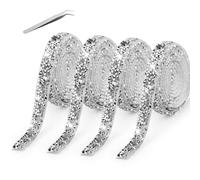 4 rollos de cinta de diamante autoadhesiva de cristal de estrás, purpurina plateada y decorativa de estrás para bodas, cumpleaños, manualidades, decoración con 1 pieza de pinzas