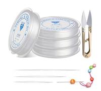 4 Rollos Hilo Elástico Transparente para Pulseras, Calidad Hilos, Bobina Elástica de Hilo, para Pulsera Collar Colgar Adornos, DIY Manualidades,con 3 pcs Agujas de Perlas (0.4mm, 0.6mm, 0.8mm, 1.0mm