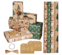 4 Rollos Papel Regalo Navidad Kraft, 43cm X 3m Papel Regalo Navidad Rollo Grande Con Etiquetas, Rollo Papel Regalo Navidada Con 1 Cuerda De Yute, Rollo Papel De Regalo, Wrapping Paper Christmas