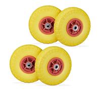 4 Ruedas de Carro, Antipinchazos, Macizas, 4.10/3.50-4", Eje de 16 mm, hasta 150 kg, 260x85mm, Amarillo y Rojo