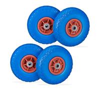 4 Ruedas de Carro, Antipinchazos, Macizas, 4.10/3.50-4", Eje de 16 mm, hasta 150 kg, 260x85mm, Azul y Rojo
