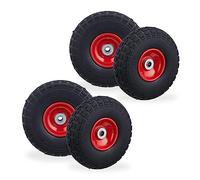 4 Ruedas de Carro, Antipinchazos, Macizas, 4.10/3.50-4", Eje de 16 mm, hasta 150 kg, 260x85mm, Negro y Rojo