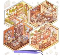 4 Sets DIY 3D House Stickers + 1 Pcs Tweezers, DIY Stickers Scene Make Your Own flower shop|Coffee Shop|Restaurant|Bookstore, Cute Cartoon Scene Stickers Relief Stress Pass The Time for Adult Kids