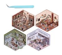 4 Sets Diy 3d House Stickers, 3d Sticker Scenes for Adults, Fun 3d Sticker Scene Make Your Own Bookstore, Supermarket, Coffee Shop, Restaurant, 3d House Sticker Scene Diy Miniature Scene (4 pcs*A)