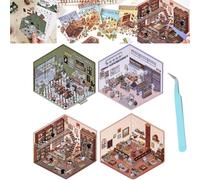 4 Sets DIY 3D House Stickers, DIY Stickers Scene Make Your Own Supermarket|Coffee Shop|Restaurant|Bookstore, Fun Cute Korean Cartoon Scene Stickers for Adult Kids Relief Stress Pass The Time (A)