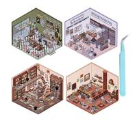 4 Sets DIY 3D House Stickers, Fun DIY Stickers Scene Make Your Own Supermarket|Coffee Shop|Restaurant|Bookstore, Fun DIY Stacking Scene Stickers for Adult Kids (A)