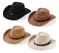 4 sombreros clásicos de vaquero occidental para hombre, de fieltro de ala ancha, para mujer, con hebilla de cinturón, sombrero Panamá para adultos y niños, Negro, camello, caqui, beige, Talla única