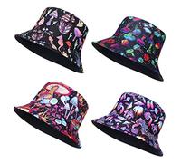 4 Sombreros de Pescador de Hongo Reversibles Empacables Gorro de Sol de Playa de Verano Estampado Accesorio de Rave Festival