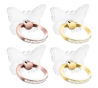 4 soportes transparentes para anillos de teléfono, con diseño de mariposa, rotación de 360 grados, con diamantes transparentes (2 dorados y 2 dorados rosas)