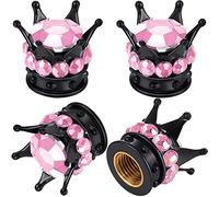 4 tapones de válvula con forma de corona, hechos a mano con cristales de imitación, universales y cromados, elegantes accesorios para coche (rosa y negro)