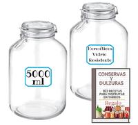 4 Tarros de Cristal Herméticos 5000 ml - Tarros herméticos de Almacenamiento para Alimentos, Conservación Fresca y Organizada - Incluye Etiquetas + Ebook de 102 Recetas (5 litros)