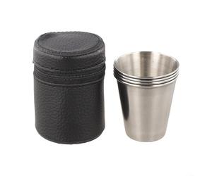 4 tazas de acero inoxidable para bebidas alcohólicas, café, leche, té y bebidas calientes con bolsa de piel sintética para uso al aire libre, camping y viajes (70 ml)